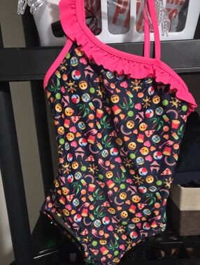 Girls' Navy Emoji & Summer Print One-Piece Swimsuit with Hot Pink Ruffle